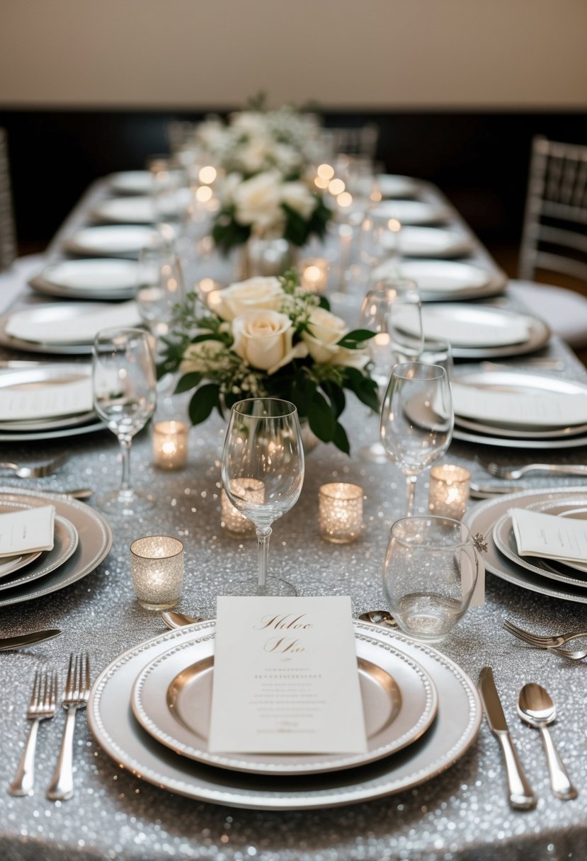 Silver place settings arranged on a glittering table, adorned with sparkling decorations for a wedding celebration