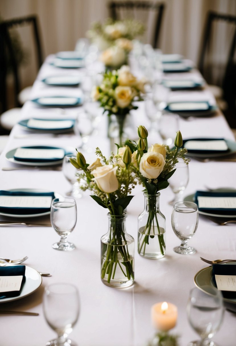 Bud vases placed between U-shaped wedding table settings