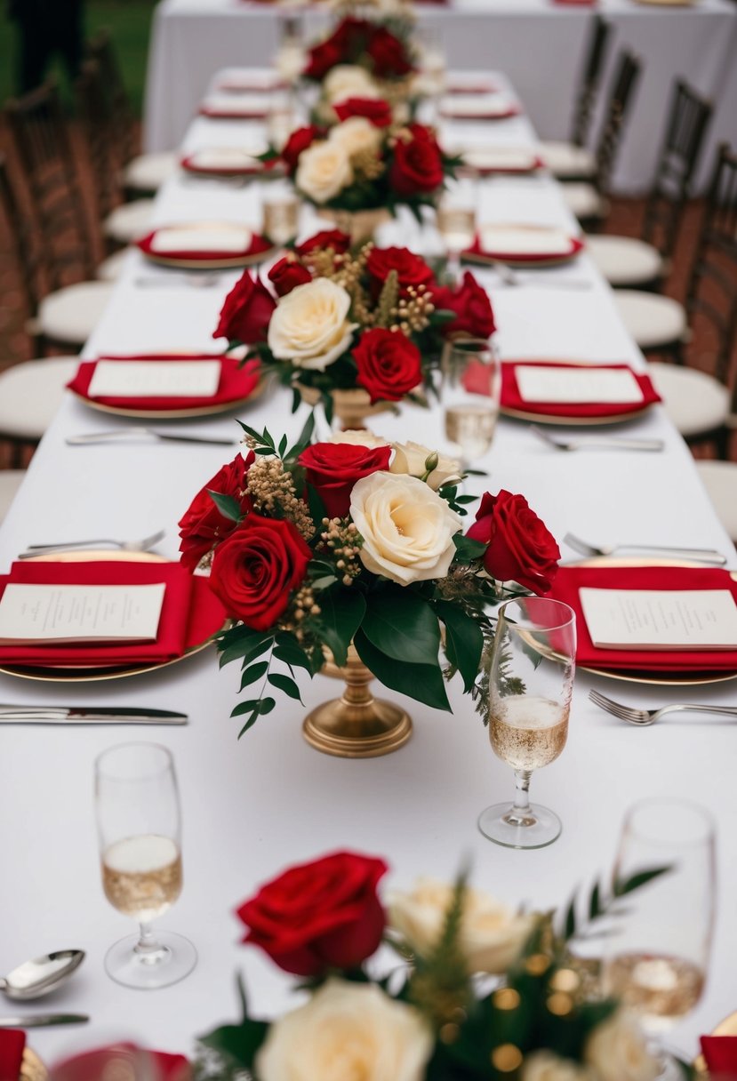 A U-shaped wedding table adorned with red and gold floral accents