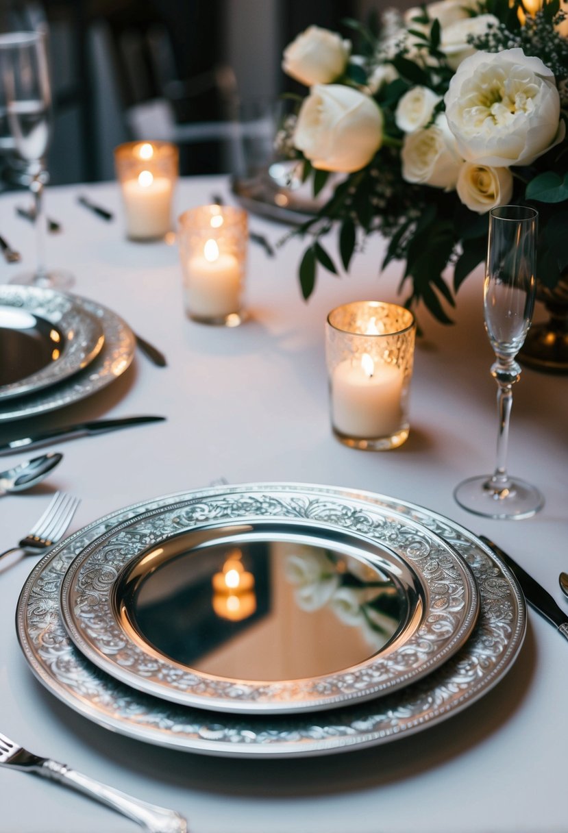 Silver charger plates arranged with ornate designs on a wedding reception table, reflecting the soft glow of candlelight