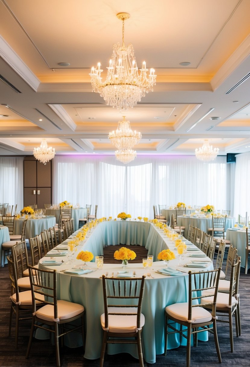 A u-shaped wedding table adorned with light-colored linens and bright decorations