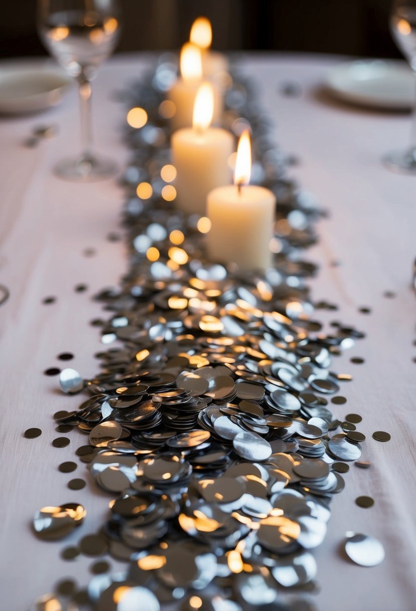 Shimmering metallic silver table confetti scattered across a white linen tablecloth, reflecting the soft glow of candlelight