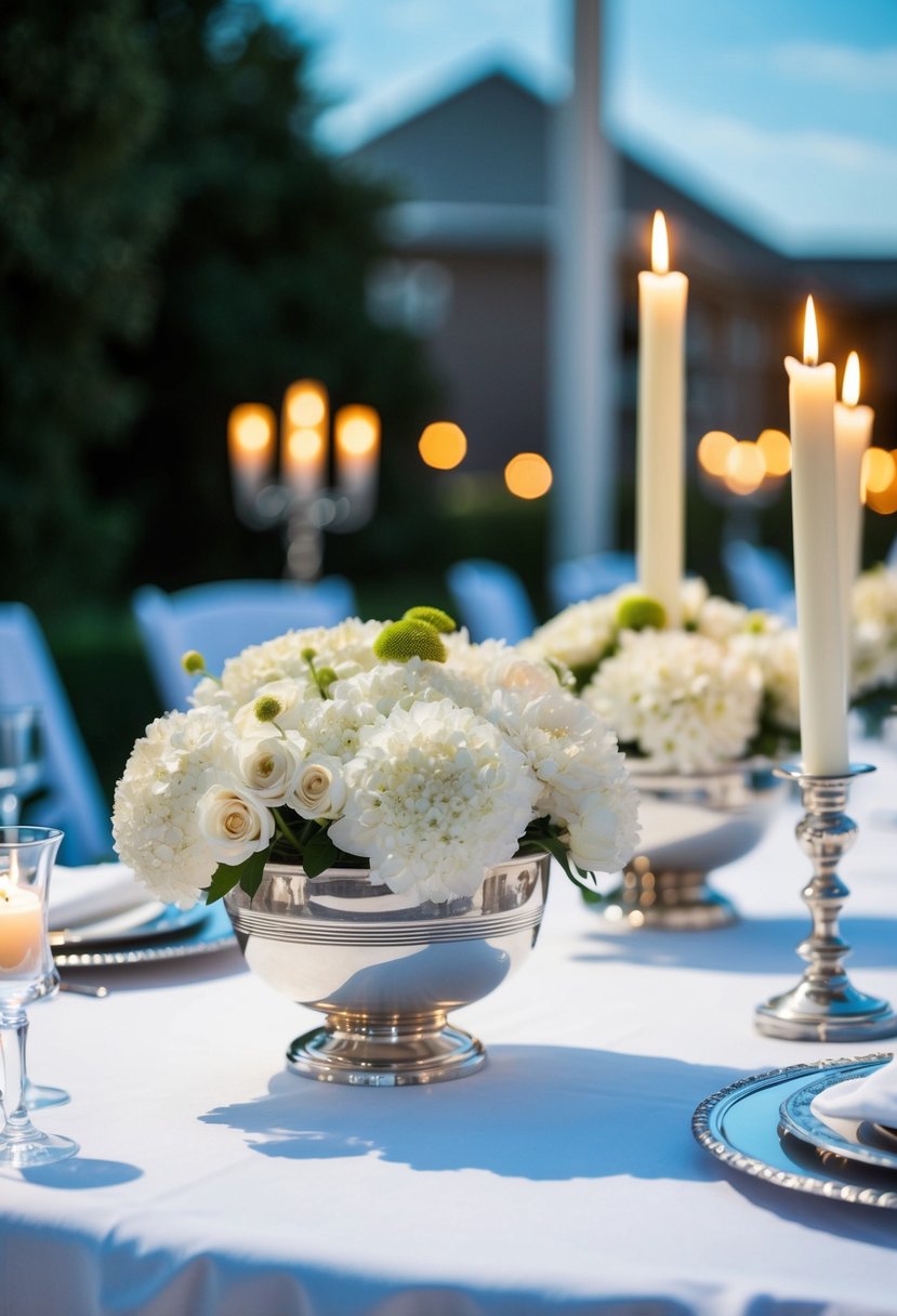 White flowers in silver bowls on a white tablecloth, with silver accents and candlelight