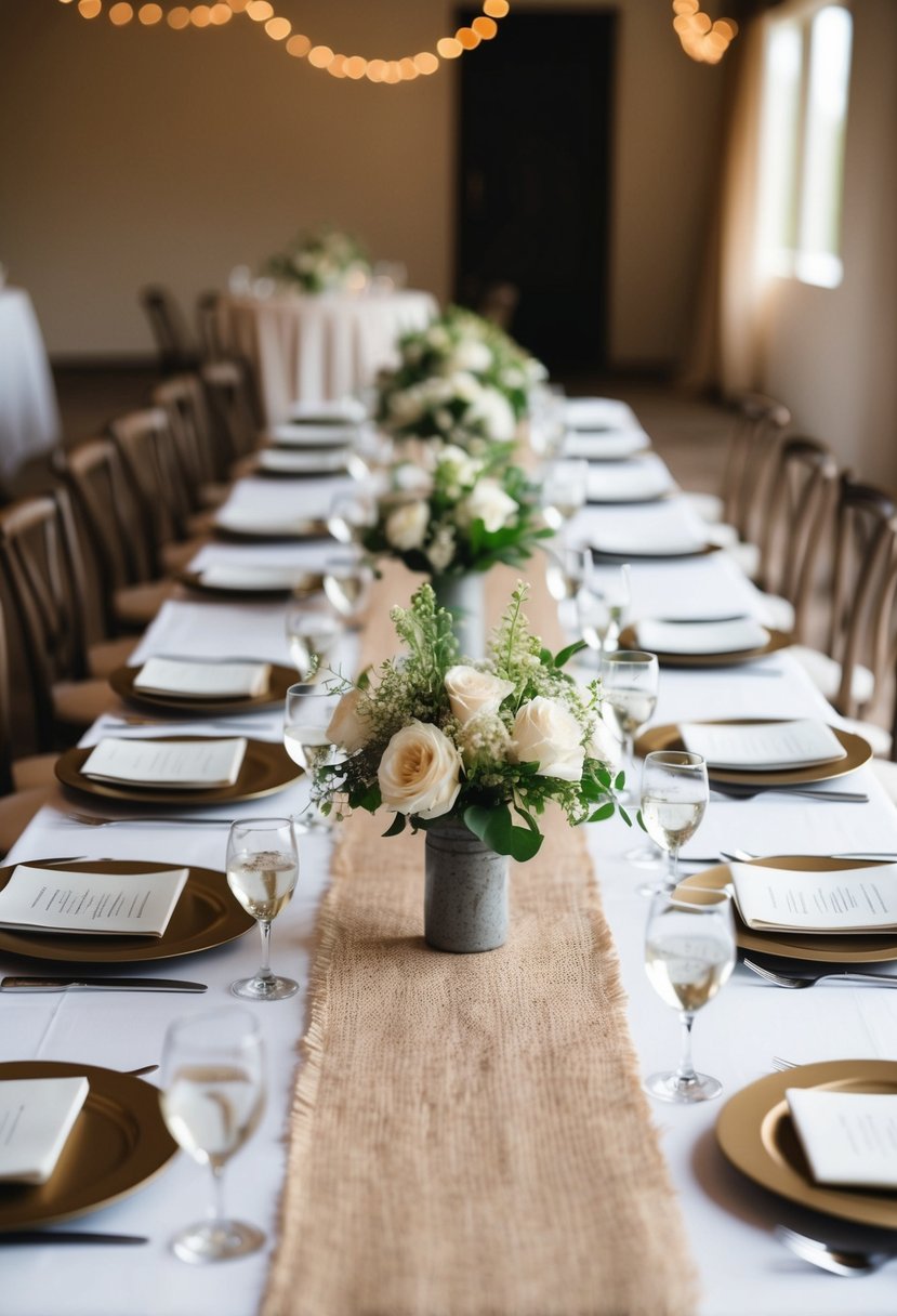 A U-shaped wedding table adorned with hessian for a textured, rustic look