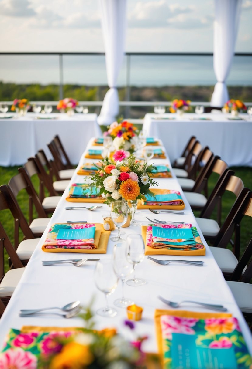 A white U-shaped wedding table adorned with vibrant floral-printed linens