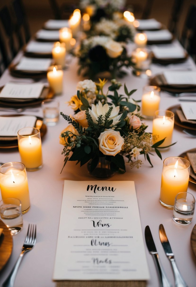 Handwritten menus and vows adorn a U-shaped wedding table, nestled among floral centerpieces and flickering candles