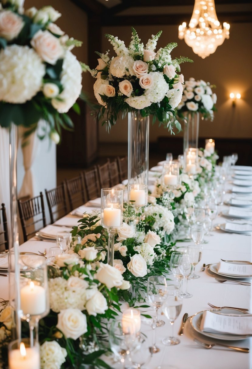 Tall floral centerpieces adorn a U-shaped wedding table, creating an elegant and romantic atmosphere