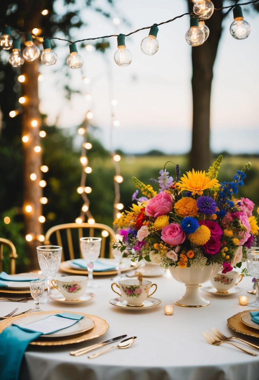 A table adorned with colorful flowers, vintage teacups, and hanging fairy lights, creating a whimsical and enchanting wedding setting