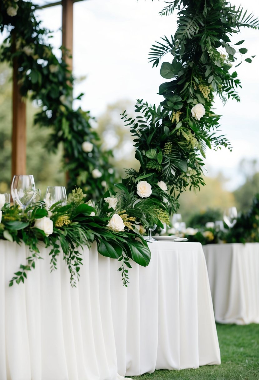 A lush foliage garland drapes across a U-shaped wedding table, creating a cohesive and elegant decoration