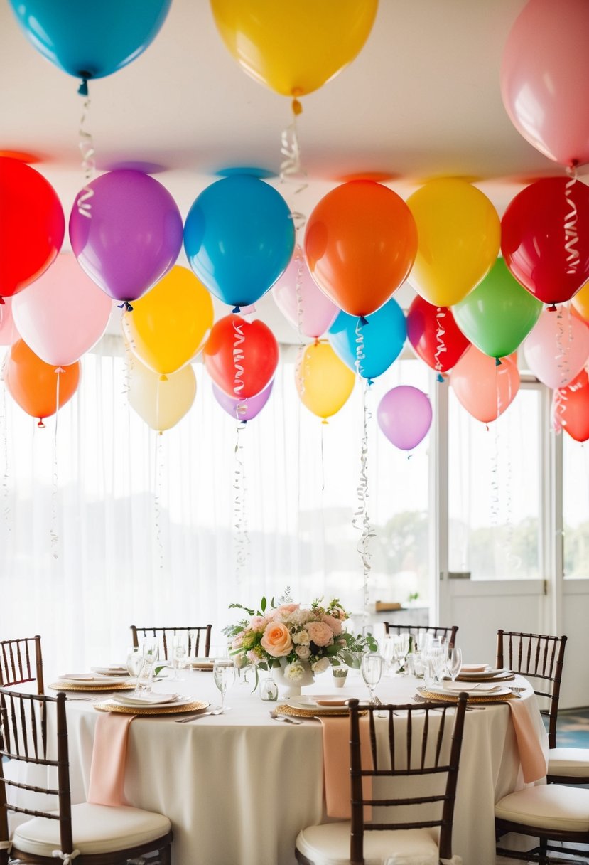 Colorful balloons float above a wedding table, adding a whimsical touch to the decor