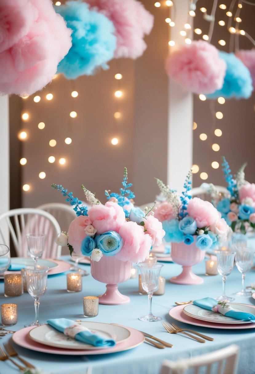 Pastel pink and blue cotton candy hues adorn a whimsical wedding table with delicate floral centerpieces and ethereal fairy lights