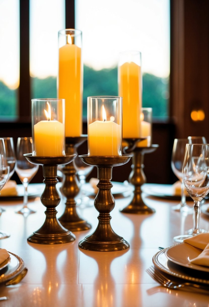 Vintage candle holders adorn a U-shaped wedding table, casting a warm and classic ambiance