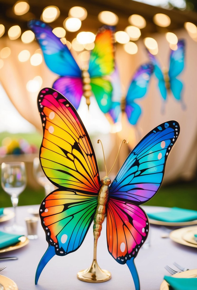 A colorful fluttery butterfly decor adorns a whimsical wedding table