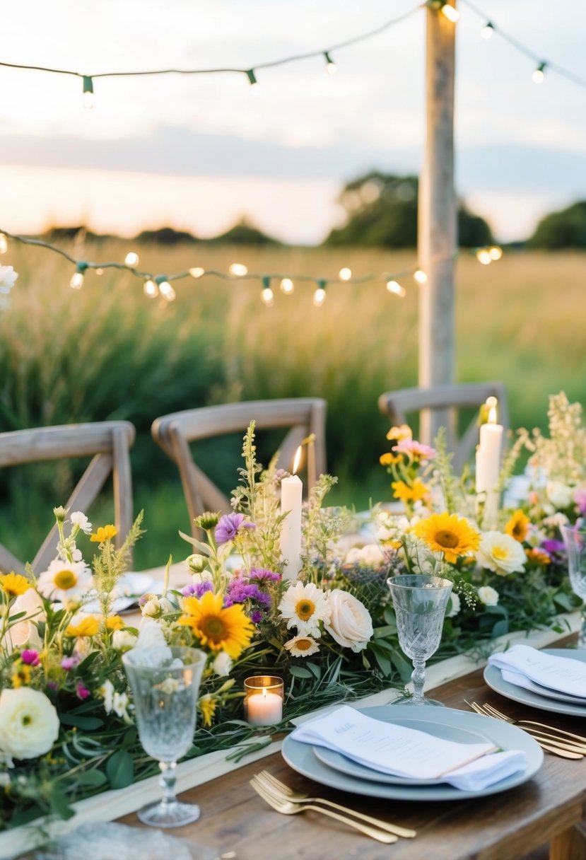 A table adorned with wildflowers, ribbons, and delicate fairy lights creates a whimsical wedding setting