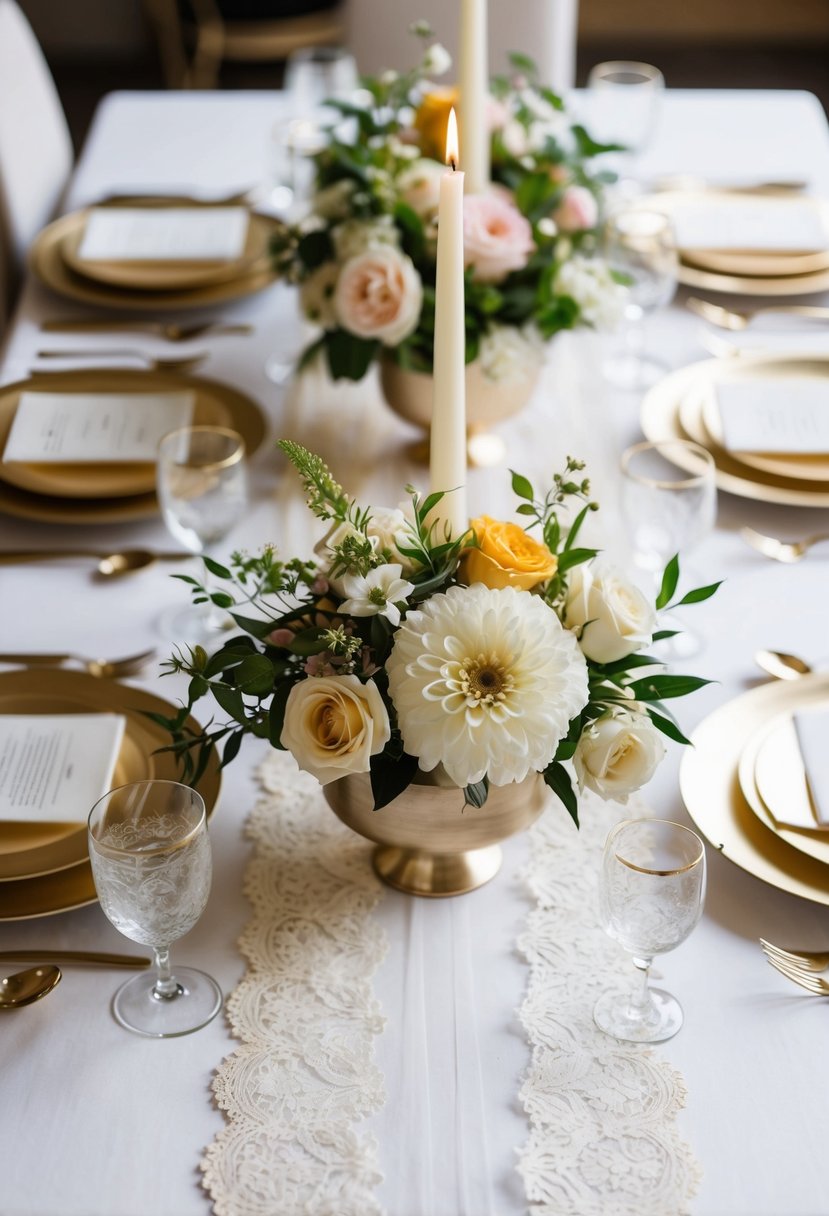 A table adorned with fresh flowers, candles, and delicate lace runners. Subtle gold accents and elegant place settings complete the romantic and effortless wedding decor