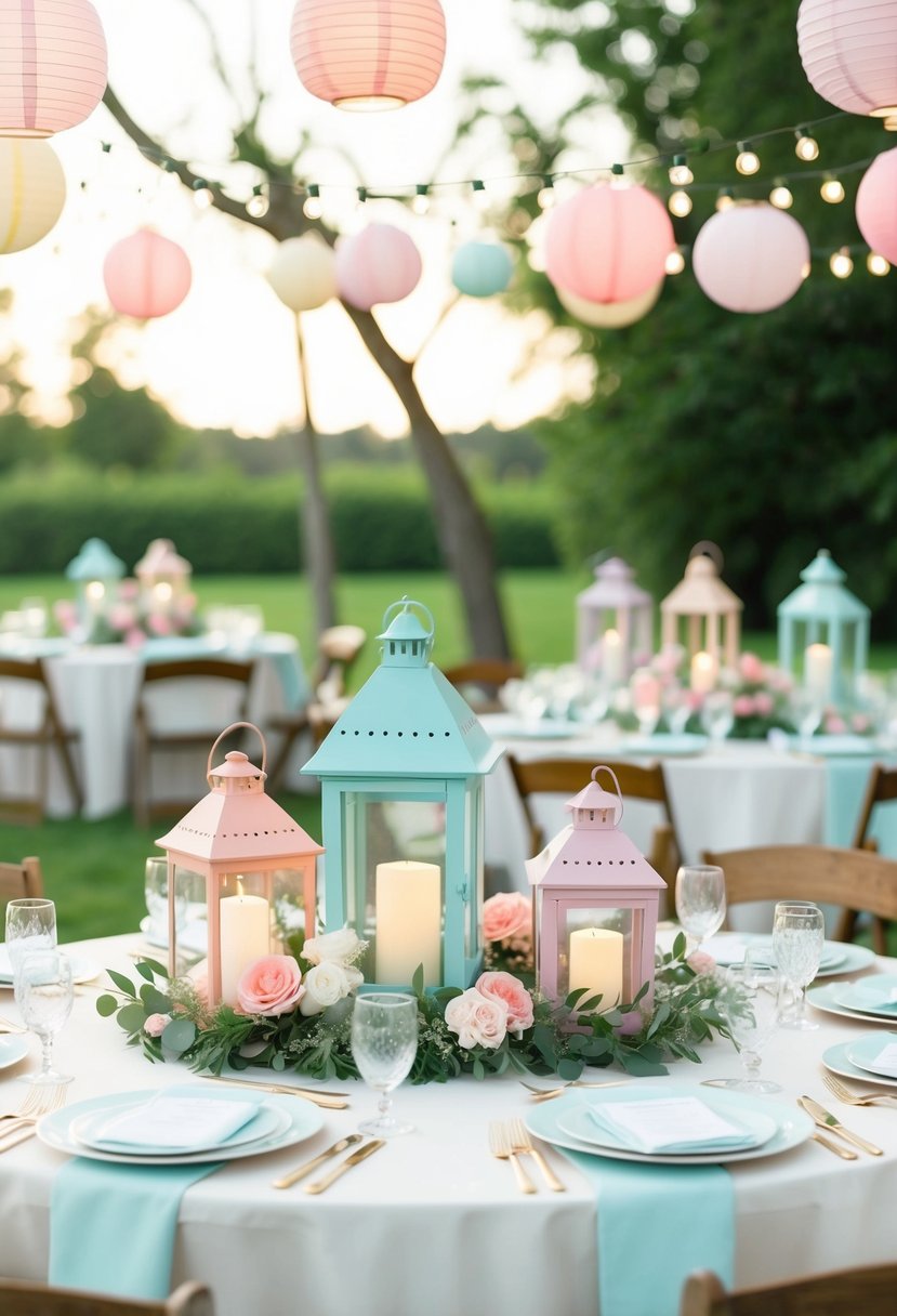 A whimsical table adorned with pastel lantern arrangements for a wedding