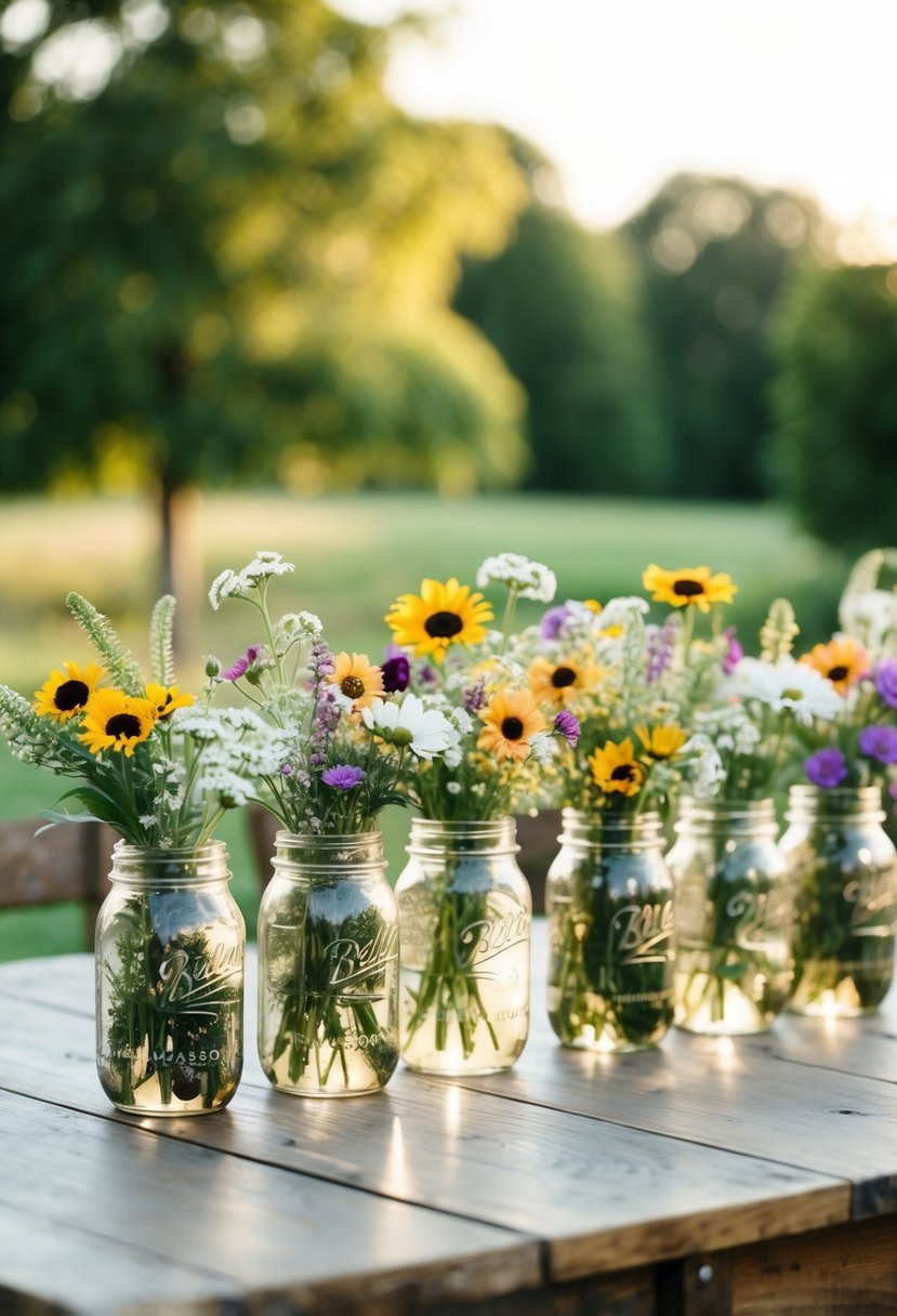 Mason jars filled with wildflowers arranged on a rustic wedding table