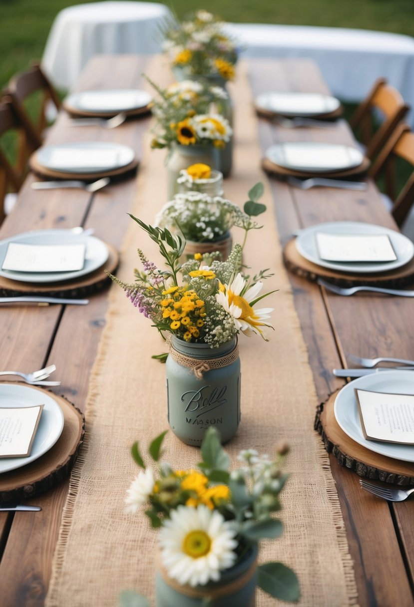 A wooden table adorned with burlap runners, mason jar centerpieces, and wildflower bouquets, creating a rustic and charming wedding table setting