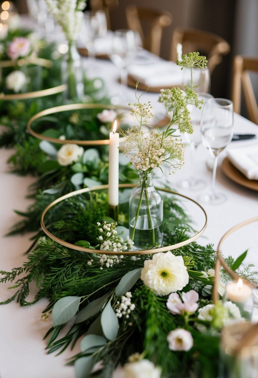 A table adorned with greenery hoops and delicate blooms, creating a whimsical and enchanting wedding centerpiece