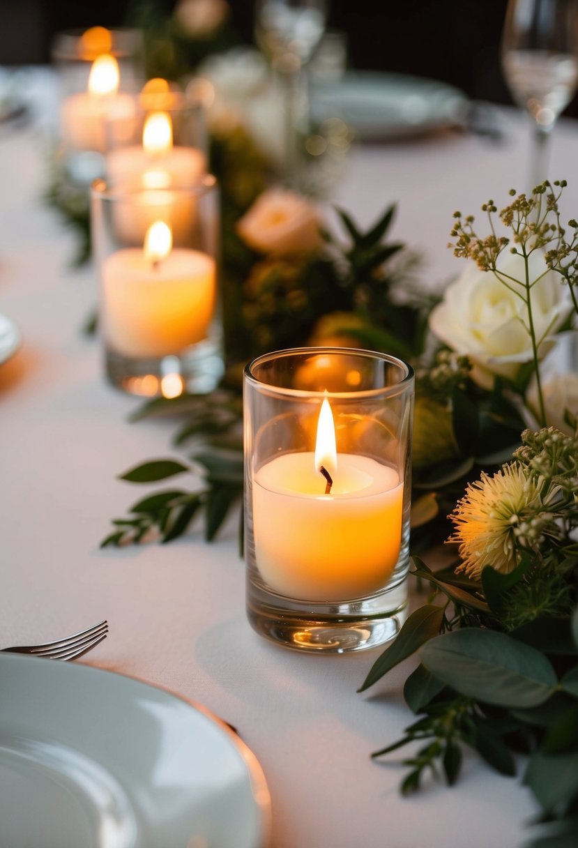 Glass votive candles flicker, casting a warm glow on a wedding reception table. Greenery and delicate flowers add a touch of elegance to the simple yet beautiful centerpiece