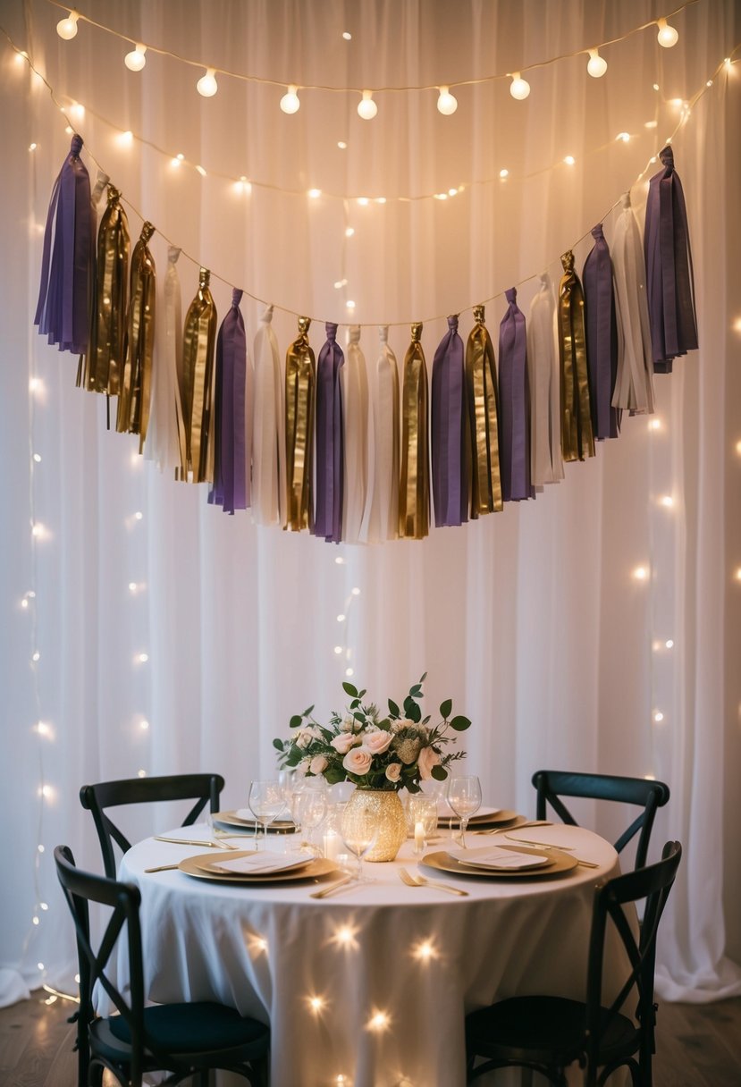 A tassel garland hangs above a table adorned with fairy lights, creating a whimsical wedding decoration