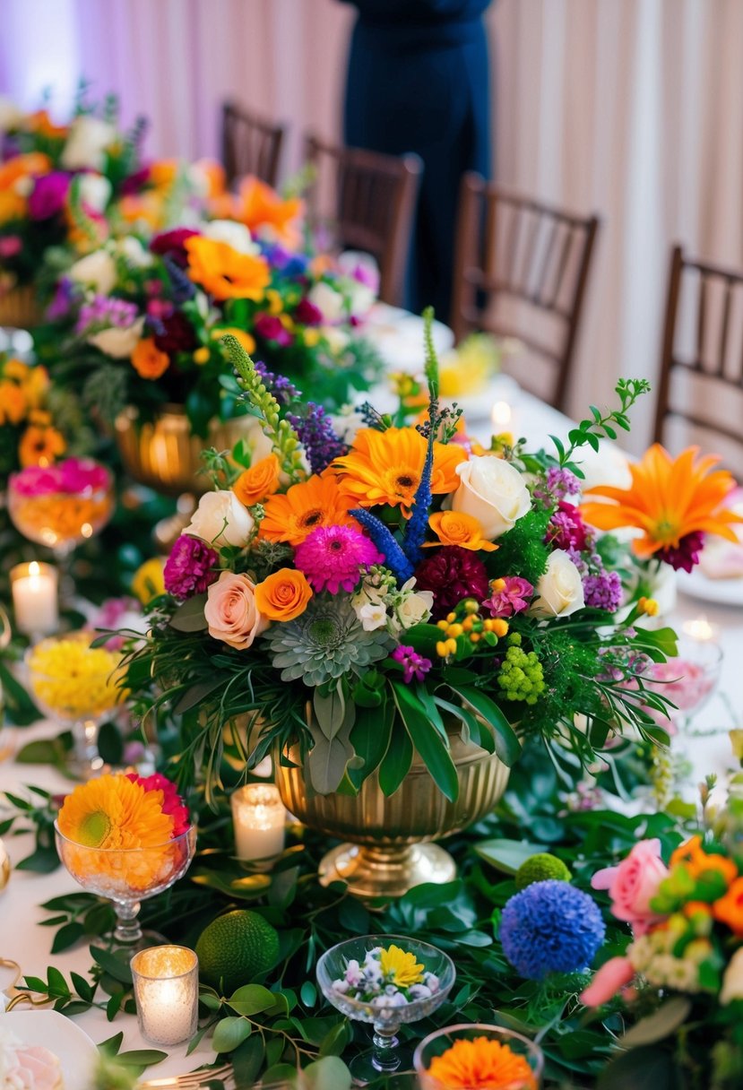 A colorful array of overflowing compotes filled with vibrant flowers and foliage, set amidst an enchanting wedding table display