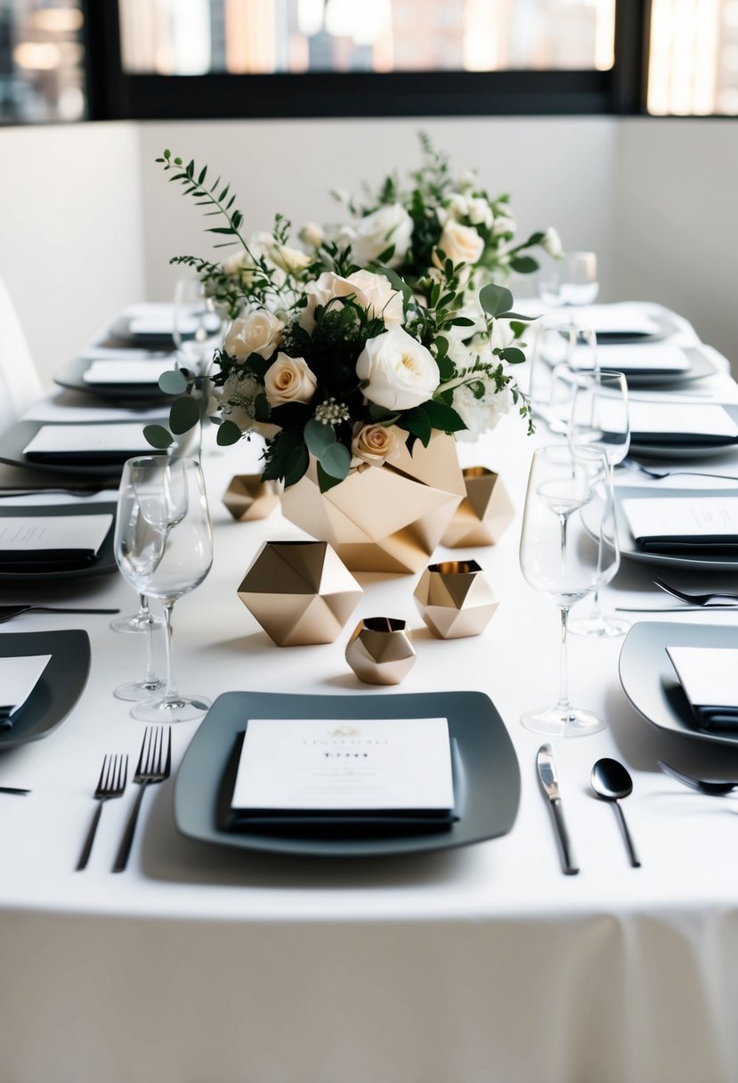 A sleek, minimalist wedding table adorned with geometric centerpieces, metallic accents, and elegant floral arrangements