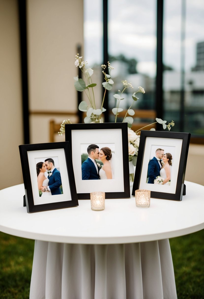 Framed photos of the couple displayed on a table with simple wedding decor