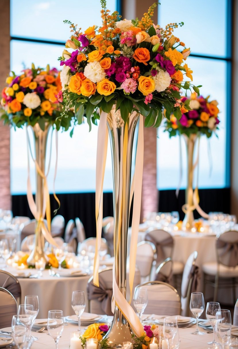 Tall vases filled with colorful flowers, adorned with flowing ribbons, set on elegant wedding tables