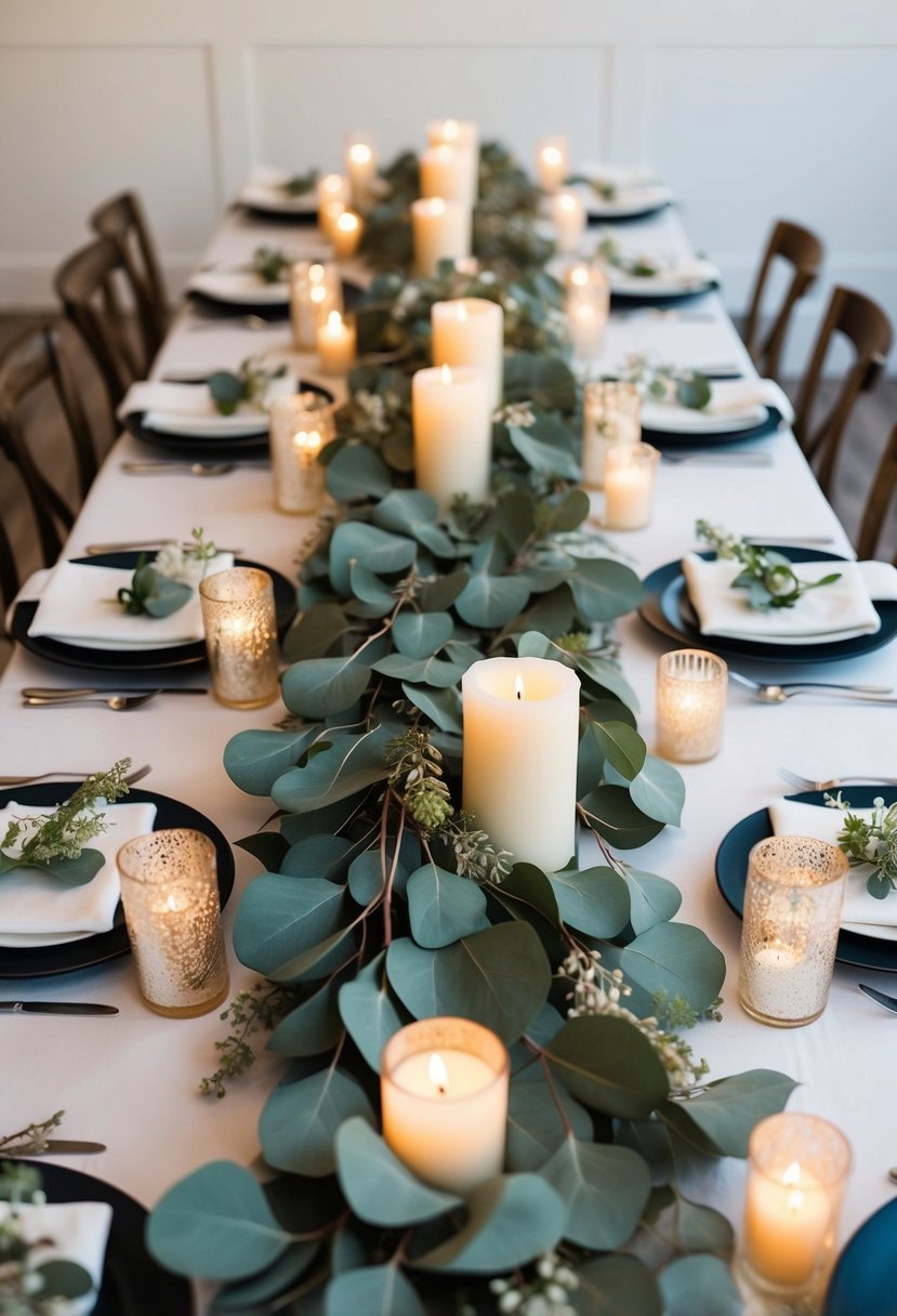 Eucalyptus garlands draped across tables, adorned with candles and delicate floral arrangements for a romantic wedding setting