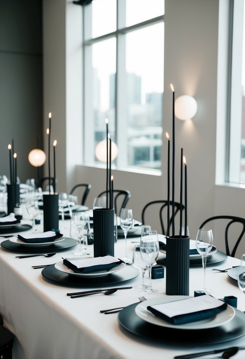 A sleek, monochromatic wedding tablescape featuring minimalist centerpieces and modern tableware