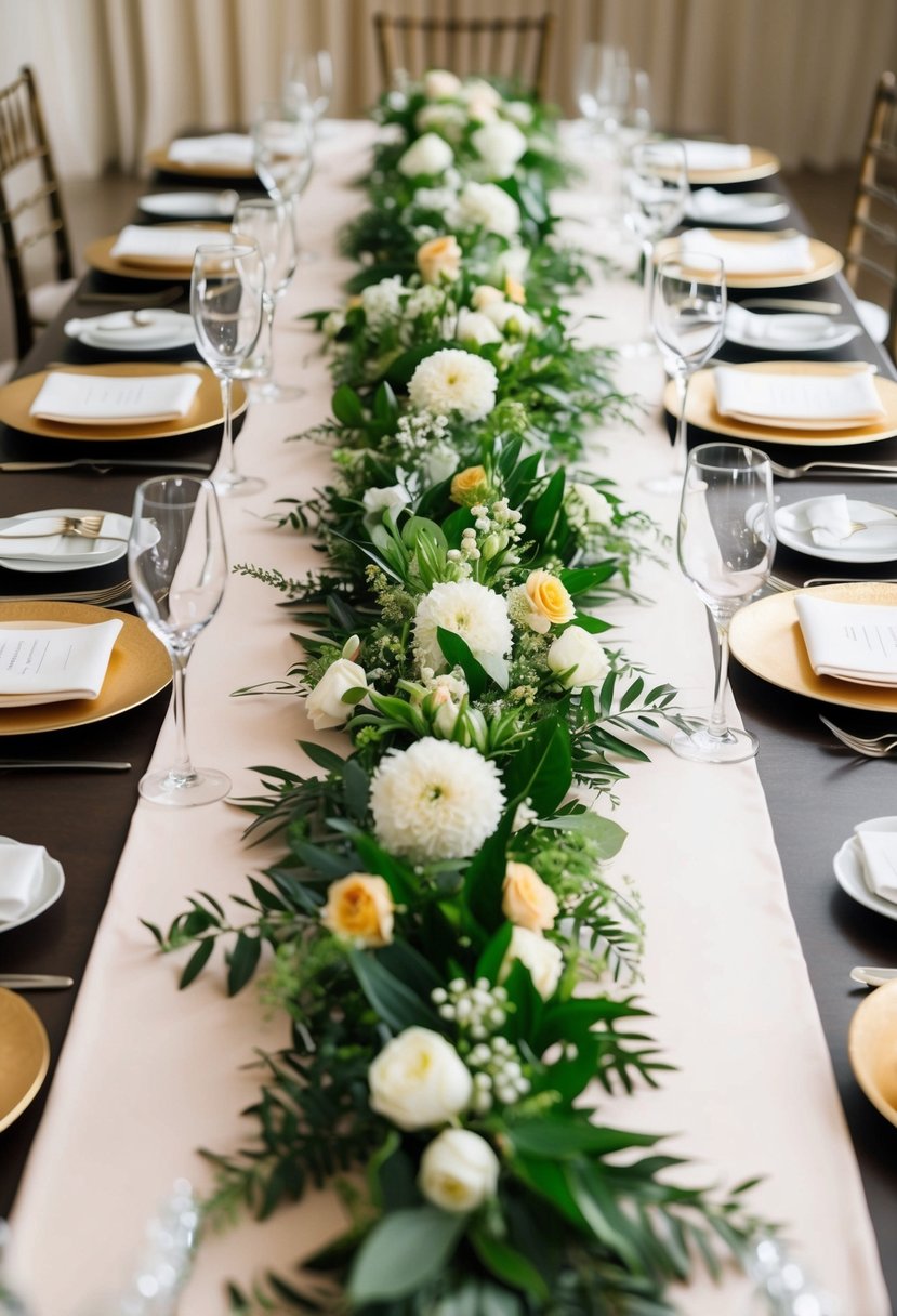 A long, lush table runner decorated with whimsical flowers and greenery cascading down the sides of a beautifully set wedding table