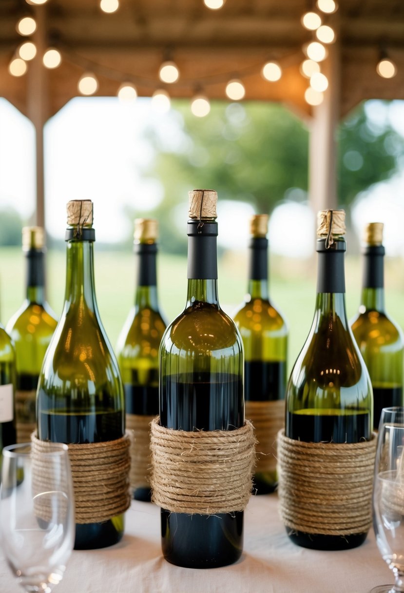 Twine-wrapped wine bottles arranged as table vases for a rustic wedding setting