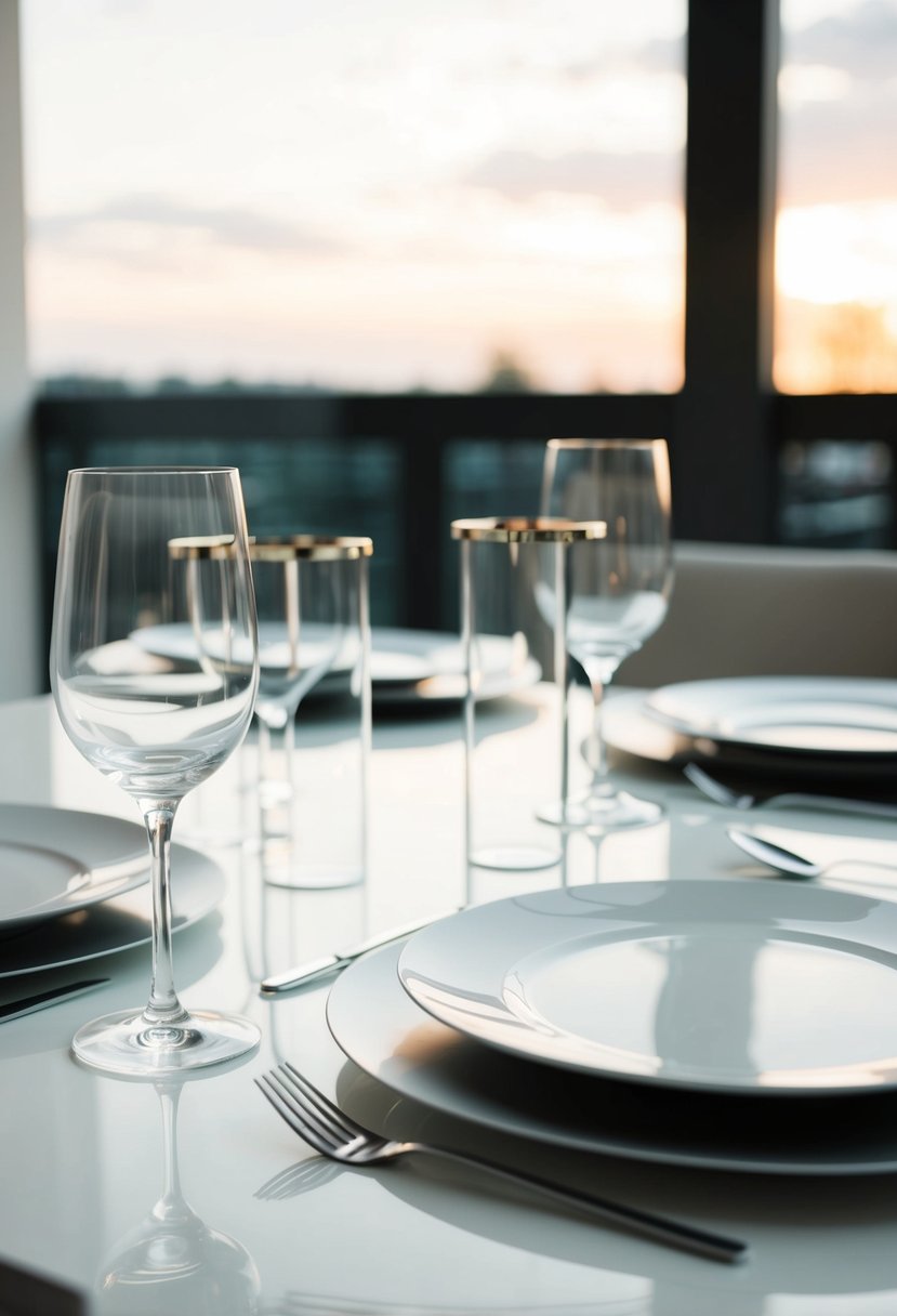 A sleek, minimalist table setting with clear glass and metallic acrylic accents