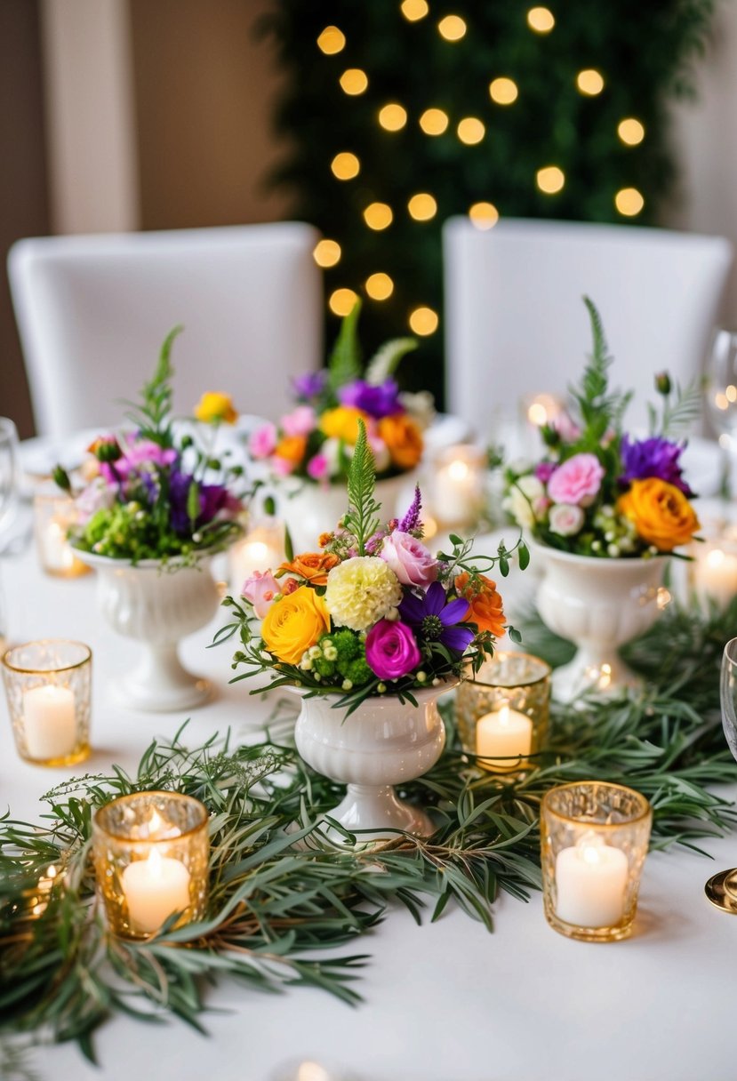 A collection of mini compote vases filled with colorful blooms, surrounded by delicate greenery and twinkling fairy lights, creating a whimsical wedding table centerpiece