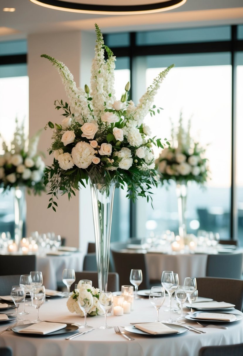 Elegant tall floral vases adorn a modern wedding table, creating a sophisticated and romantic atmosphere