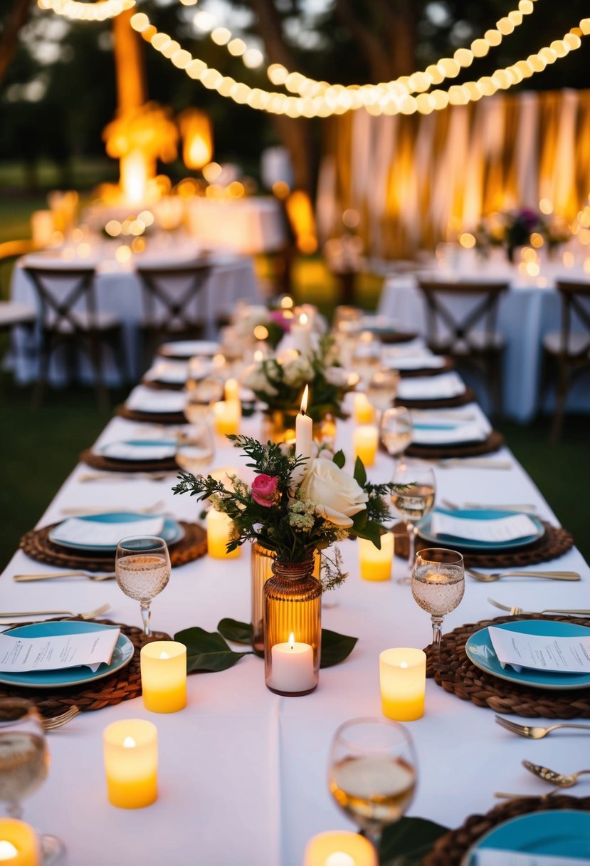 A table set with flameless LED candle centerpieces, surrounded by whimsical wedding decor