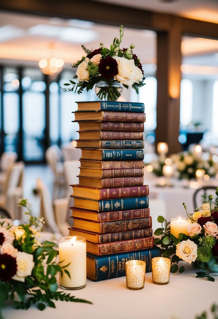 Vintage books stacked with flowers and candles, arranged as table centerpieces for a wedding reception