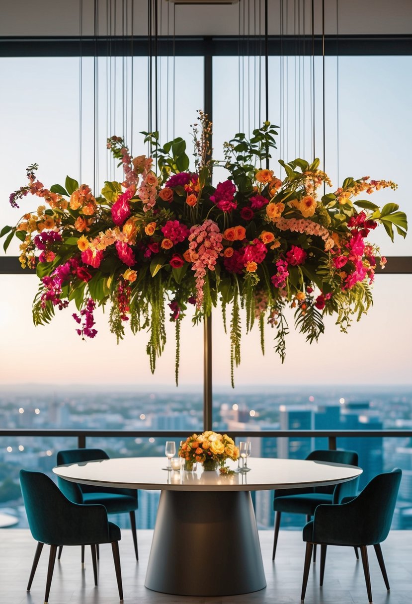 Lush, vibrant flowers suspended above a sleek, minimalist wedding table