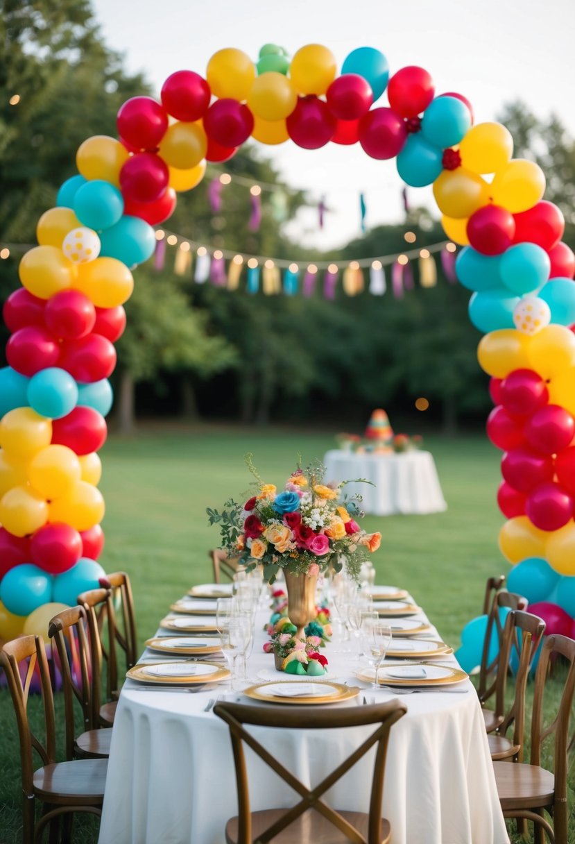 A whimsical wedding table adorned with colorful balloon arches