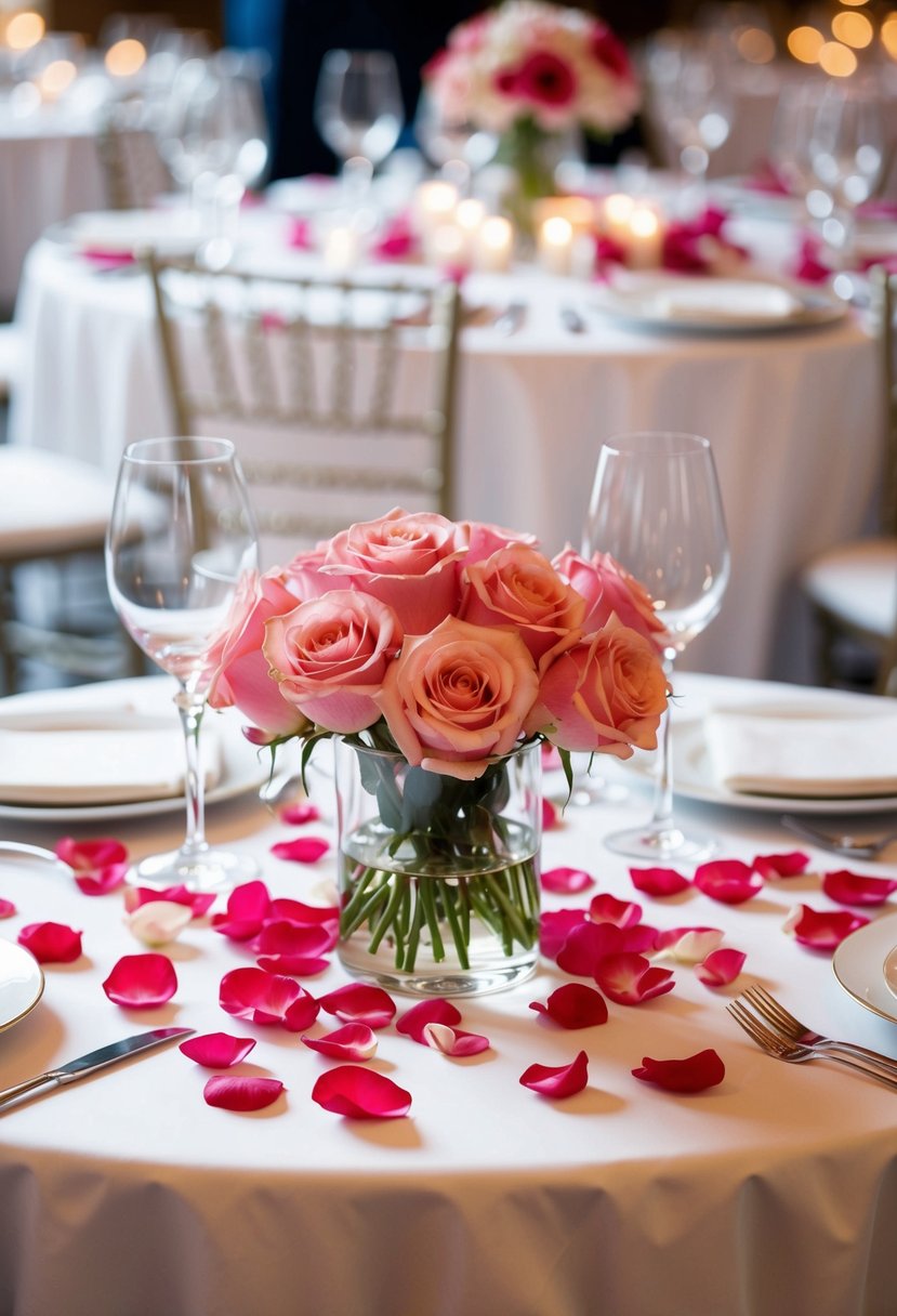 Rose petals scattered around elegant table settings for a romantic wedding reception