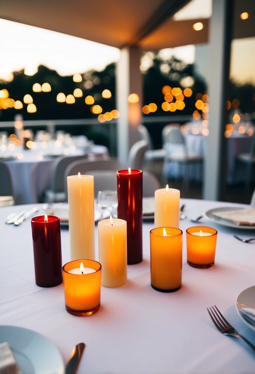 Varying height candle votives arranged on modern wedding table