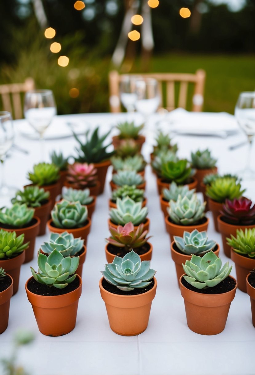 Succulents in various small pots arranged as wedding table decorations