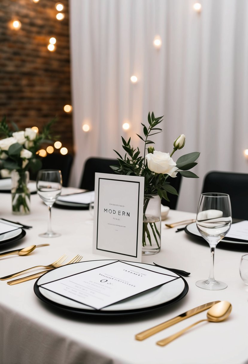 A sleek table set with minimalist stationery and modern fonts for a wedding reception