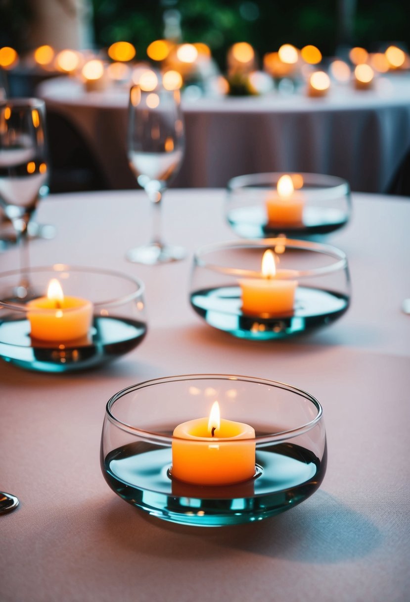 Floating candles in bowls of water on wedding tables