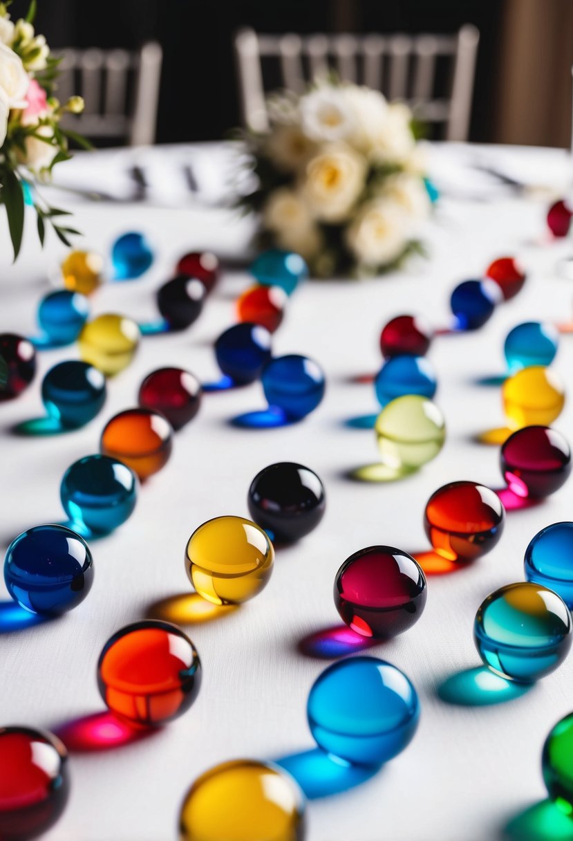 Colorful flat glass marbles scattered on a modern wedding table