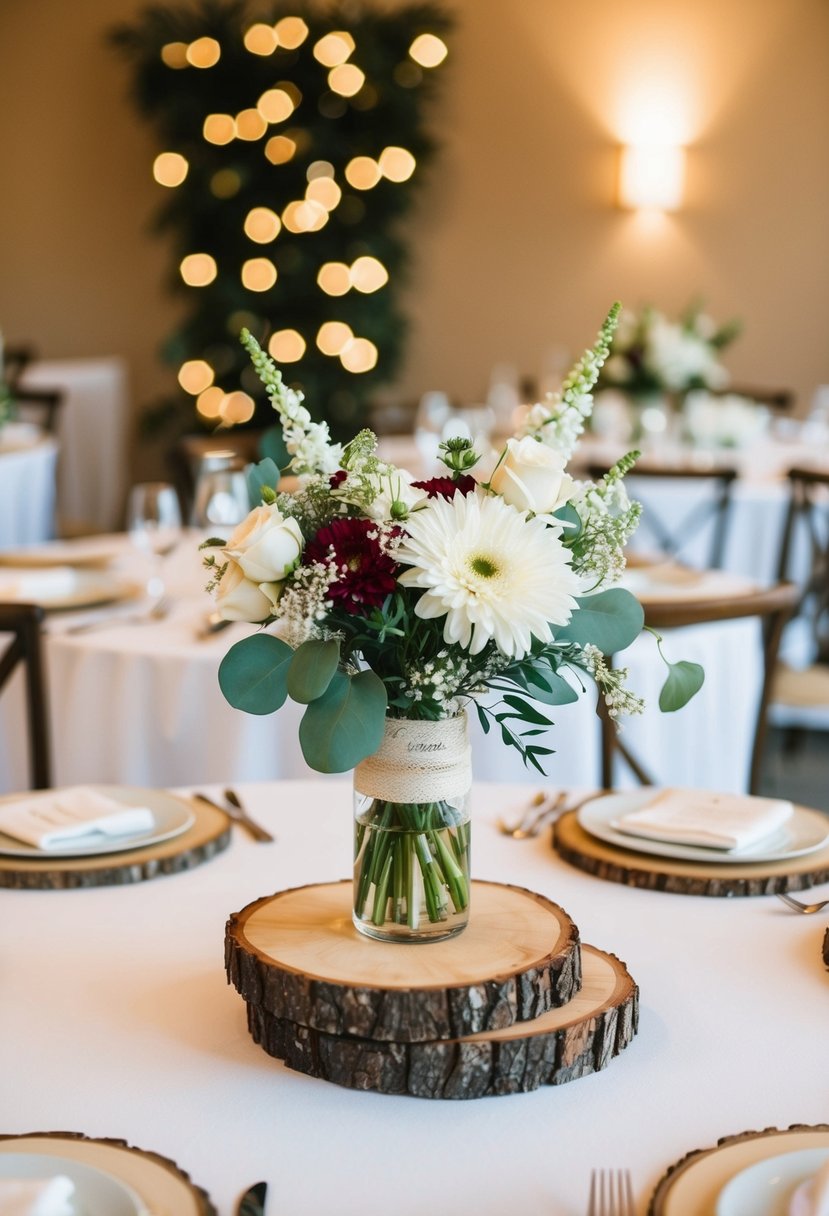 Wood slices support floral centerpieces on wedding tables