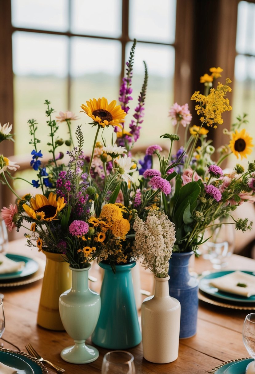 A whimsical wedding table adorned with mixed wildflower bouquets in mismatched vases, creating a charming and rustic centerpiece