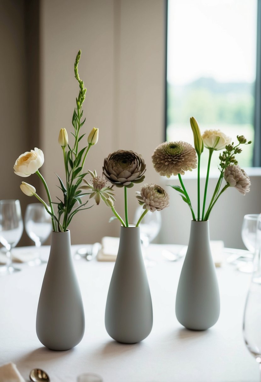 A trio of sleek, minimalist bud vases hold a variety of flowers in muted tones, creating a modern and elegant centerpiece for a wedding table