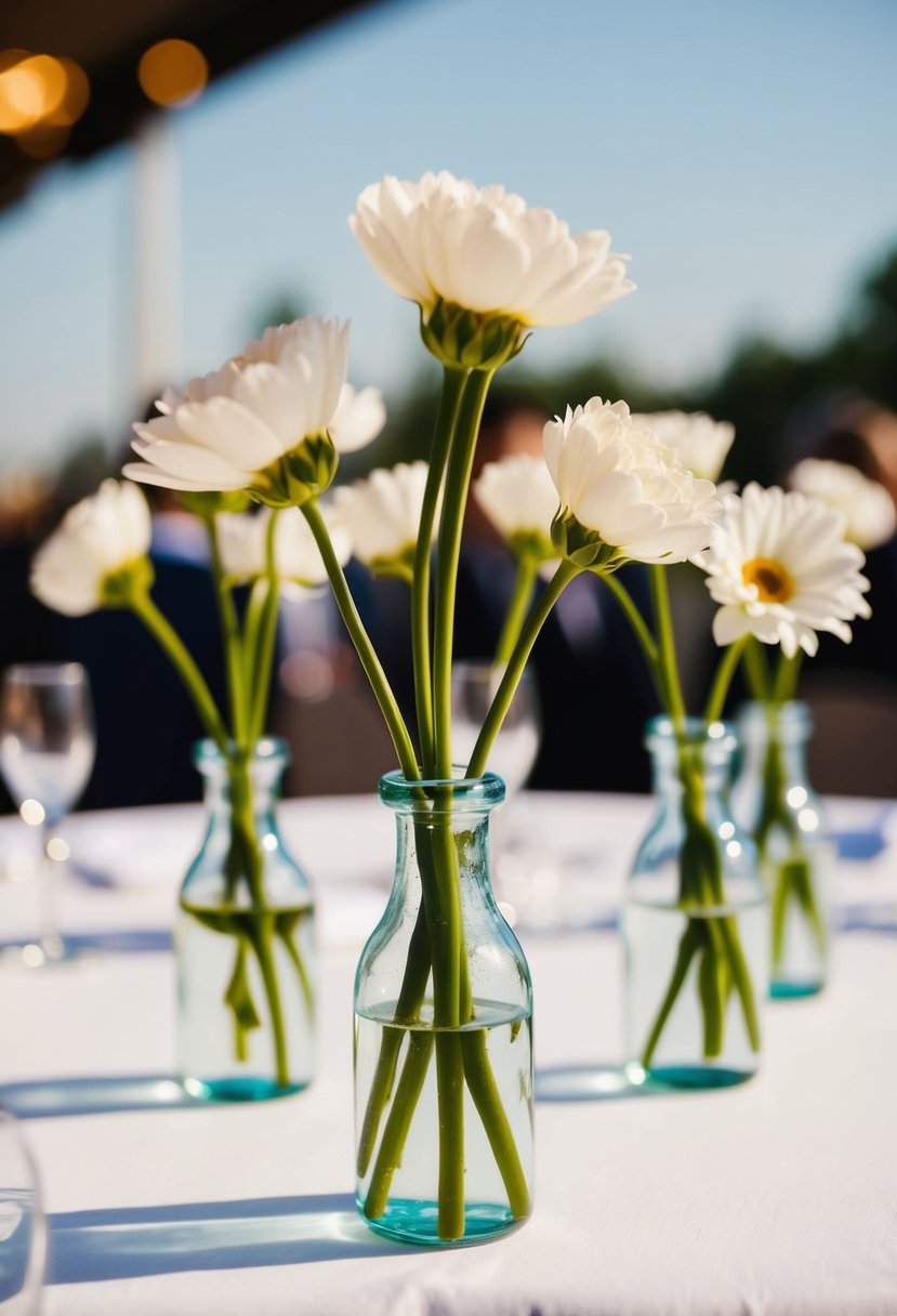 Mini vases with single-stem flowers arranged on a wedding table